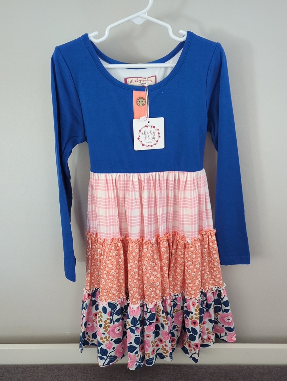 cheeky plum Blue Long-Sleeve Tiered Dress with Pink and Coral Panels